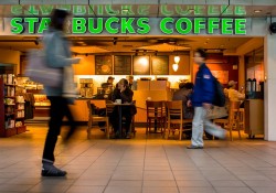 Taipei, Taiwan - March 7, 2012: starbucks coffee shop in Taipei station front metro mall. It's the most popular coffee shop in Taiwan.
